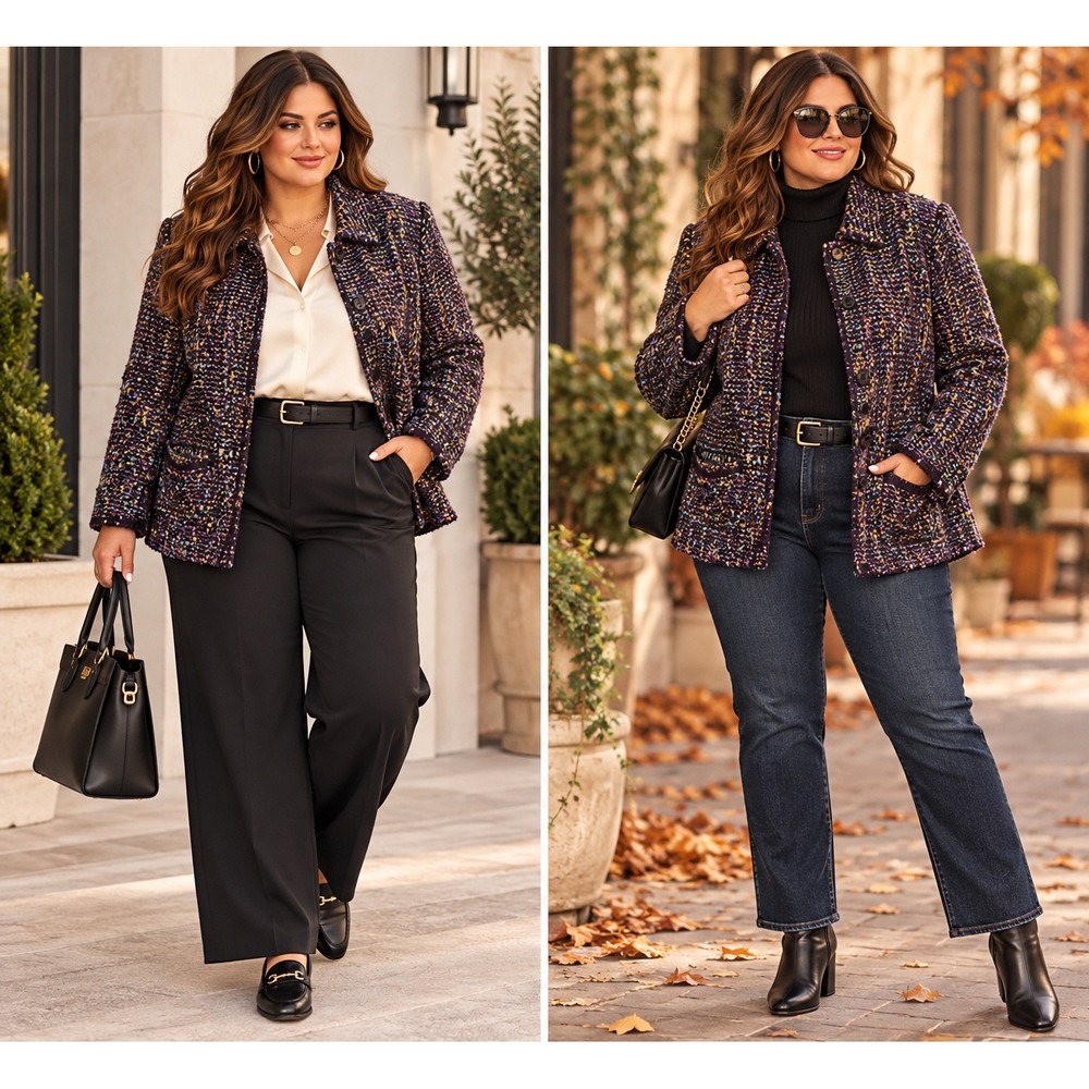 Sag Harbor Woman Purple Multicolor Tweed Zip Up Blazer Jacket 16W F54458